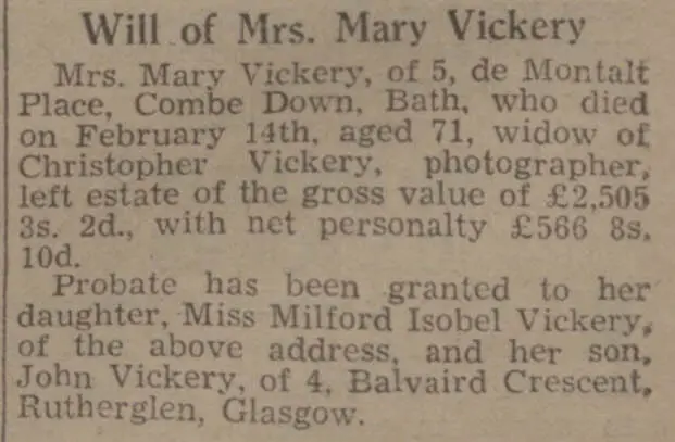 Mary Vickery's will - Bath Chronicle and Weekly Gazette - Saturday 20 May 1939