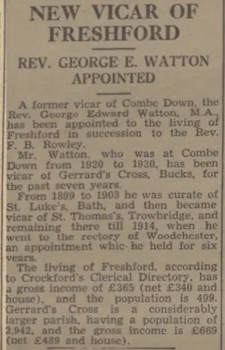 Rev George Edward Watton becomes vicar of Freshford - Bath Chronicle and Weekly Gazette - Saturday 4 December 1937