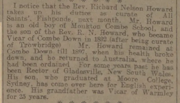 Rev Richard Nelson Howard - Bath Chronicle and Weekly Gazette - Saturday 6 September 1913