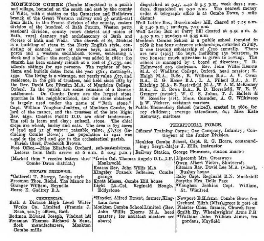 1914 Kelly's Directory for Monkton Combe