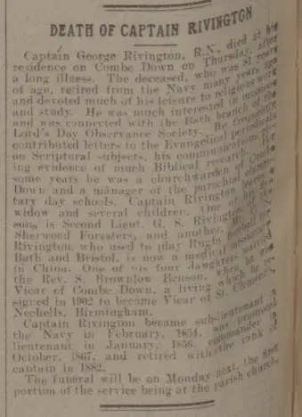 Capt Rivington obituary - Bath Chronicle and Weekly Gazette - Saturday 14 August 1915