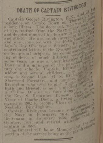 Capt Rivington obituary - Bath Chronicle and Weekly Gazette - Saturday 14 August 1915