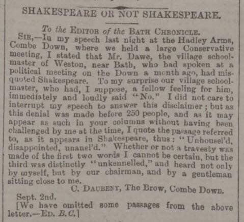 Charles Daubeney on Shakespeare - Bath Chronicle and Weekly Gazette - Thursday 3 September 1885