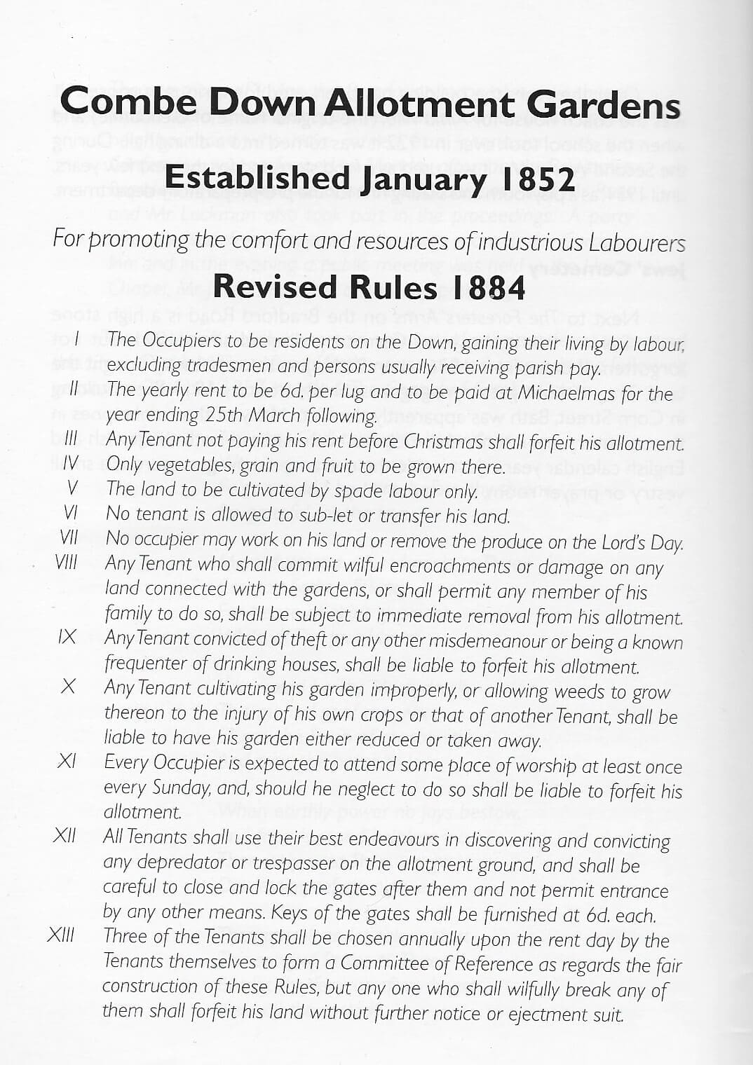 Combe Down allotments 1884 rules