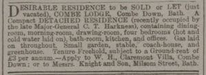 Combe Lodge for let or sale - Bath Chronicle and Weekly Gazette - Thursday 10 March 1881