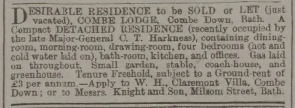 Combe Lodge for let or sale - Bath Chronicle and Weekly Gazette - Thursday 10 March 1881