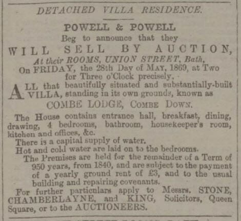 Combe Lodge for sale - Bath Chronicle and Weekly Gazette - Thursday 29 April 1869