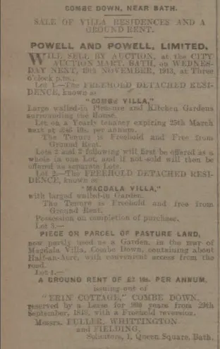 Combe Villa for sale - Bath Chronicle and Weekly Gazette - Saturday 15 November 1913