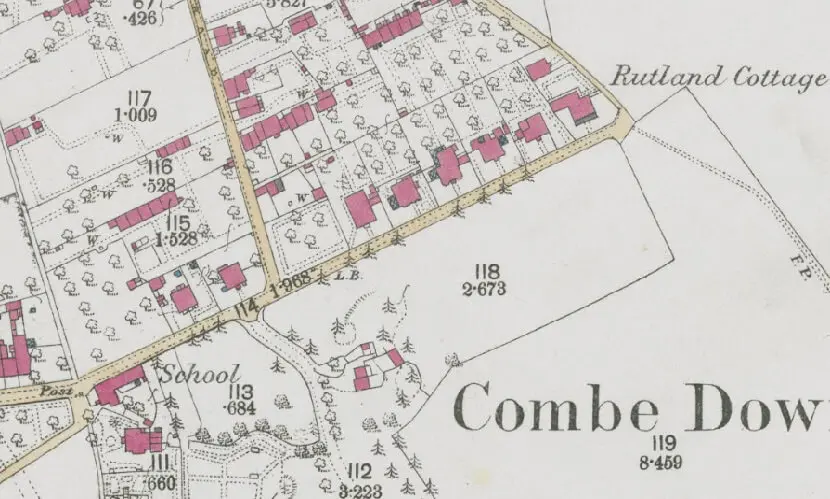 Detail from 1873 - 1888 map showing Eastern end of Church Road, Combe Down