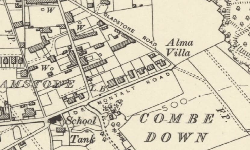 Detail of 1888 - 1913 map showing Eastern end of Church Road, Combe Down