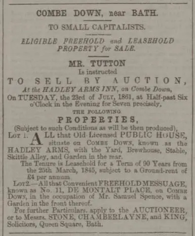 Hadley Arms for sale - Bath Chronicle and Weekly Gazette - Thursday 11 July 1861