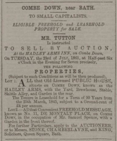 Hadley Arms for sale - Bath Chronicle and Weekly Gazette - Thursday 11 July 1861