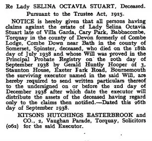 Lady Selina Stuart, The London Gazette, 30 September, 1938