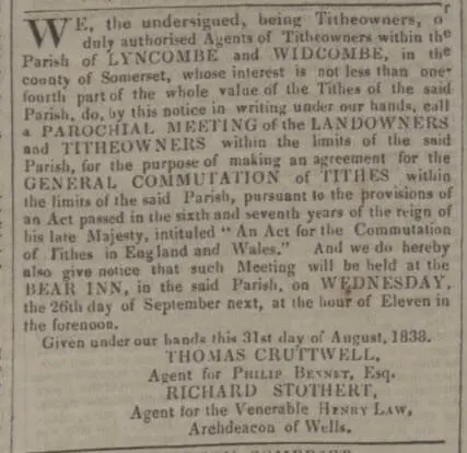 Lyncombe & Widcombe tithes commutation - Bath Chronicle and Weekly Gazette - Thursday 20 September 1838