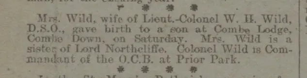 Mrs Wild gives birth at Combe Lodge - Bath Chronicle and Weekly Gazette - Saturday 12 January 1918