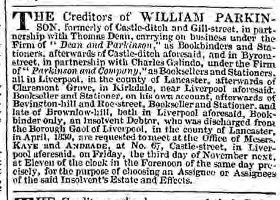 Parkinson creditors - Liverpool Mercury - Friday 20 October 1837