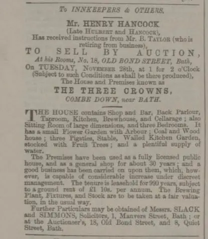 Sale of the Three Crowns, Combe Down - Bath Chronicle and Weekly Gazette - Thursday 9 November 1865
