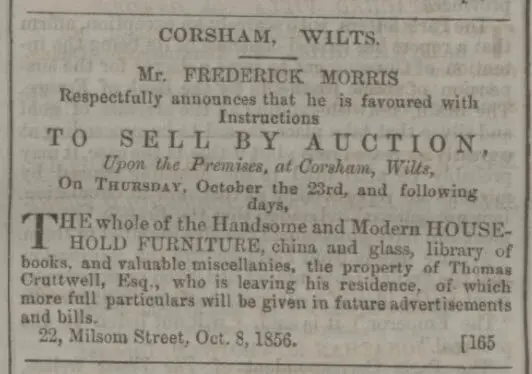 Thomas Cruttwell moves from Corsham - Bath Chronicle and Weekly Gazette - Thursday 9 October 1856