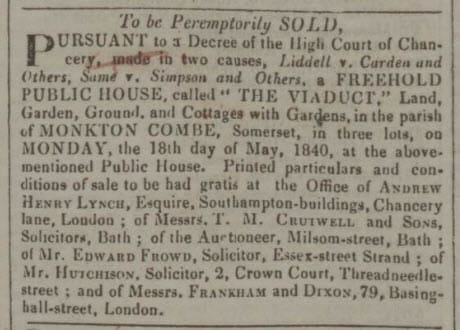 Viaduct Inn for sale Bath Chronicle and Weekly Gazette - Thursday 14 May 1840