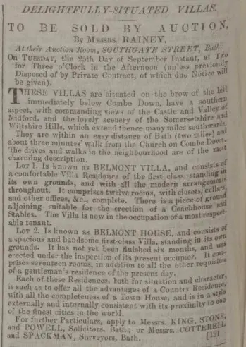 Belmont Villa and Belmont House up for sale just after being built - Bath Chronicle and Weekly Gazette - Thursday 6 September 1855