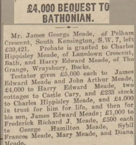 Bequest to Harry Edward Meade - Bath Chronicle and Weekly Gazette - Saturday 1 February 1930