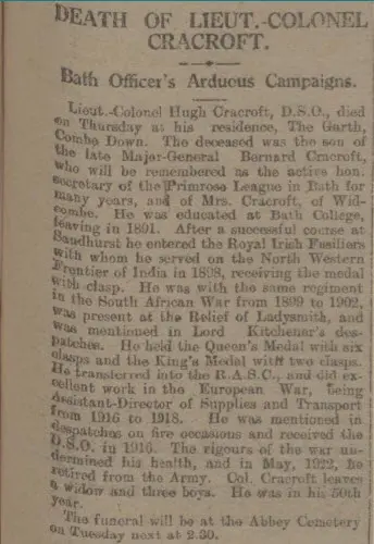 Death of Lt Col Cracroft - Bath Chronicle and Weekly Gazette - Saturday 12 May 1923