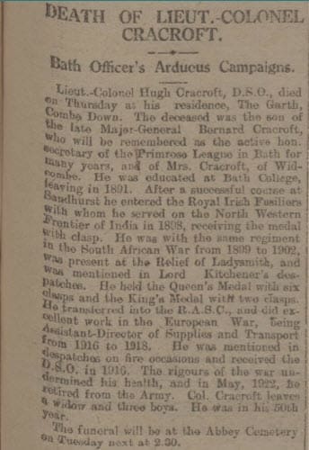 Death of Lt Col Cracroft - Bath Chronicle and Weekly Gazette - Saturday 12 May 1923