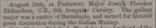 Death of Maj Richardson reported - North Devon Journal - Thursday 30 October 1862
