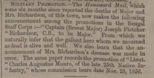 Death of Maj Richardson retracted - North Devon Journal - Thursday 25 December 1862