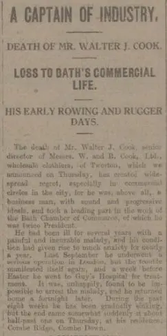 Extract from obituary of Walter John Cook - Bath Chronicle and Weekly Gazette - Saturday 20 June 1925