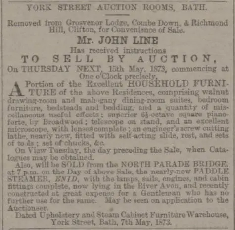 Grosvenor Lodge effects auction - Bath Chronicle and Weekly Gazette - Thursday 8 May 1873