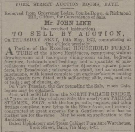 Grosvenor Lodge effects auction - Bath Chronicle and Weekly Gazette - Thursday 8 May 1873