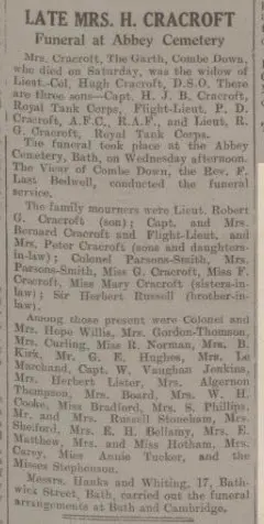Obituary of Mrs Cracroft - Bath Chronicle and Weekly Gazette - Saturday 5 June 1937