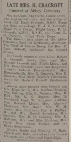 Obituary of Mrs Cracroft - Bath Chronicle and Weekly Gazette - Saturday 5 June 1937