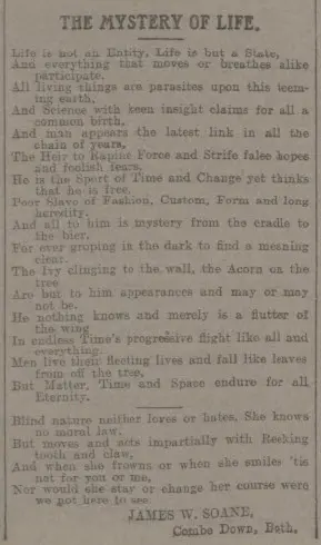 The mystery of life by James W Soane - Bath Chronicle and Weekly Gazette - Saturday 21 September 1912