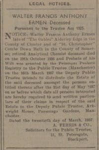 Walter Ermen will notice - Bath Chronicle and Weekly Gazette - Saturday 27 March 1937