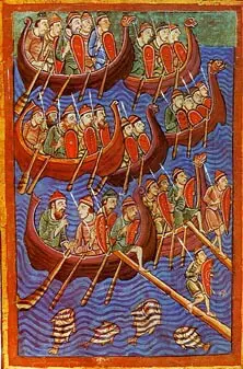 Wikinger. Danes about to invade England. From Miscellany on the life of St. Edmund from the 12th century.