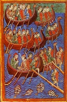 wikinger danes about to invade england from miscellany on the life of st edmund from the 12th century