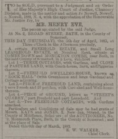 Sale, inter alia, of Street's quarry - Bath Chronicle and Weekly Gazette - Thursday 5 April 1883