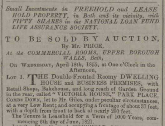 Auction of Victoria House, Park Place, Combe Down - Bath Chronicle and Weekly Gazette - Thursday 29 March 1855