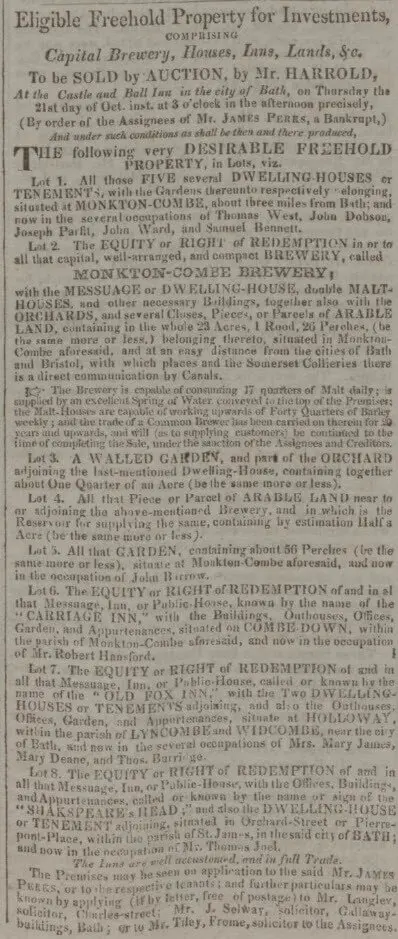 Carriage Inn for sale by Monkton Combe Brewery - Bath Chronicle and Weekly Gazette - Thursday 14 October 1824