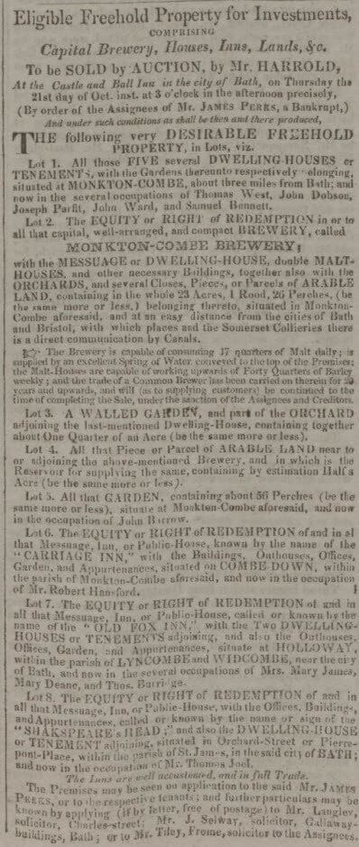 carriage inn for sale by monkton combe brewery bath chronicle and weekly gazette thursday 14 october 1824