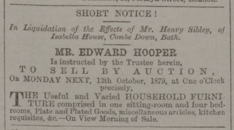 Sale of Henry Sibley's effects, Isabella House, Combe Down - Bath Chronicle and Weekly Gazette - Thursday 9 October 1879