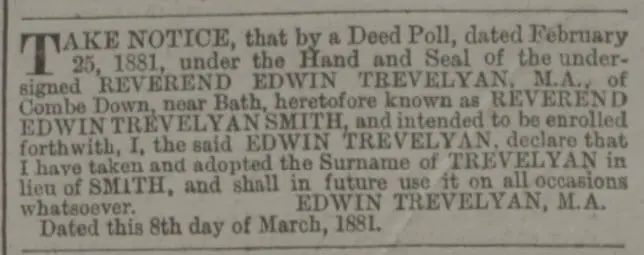 Trevelyan name change - Bath Chronicle and Weekly Gazette - Thursday 10 March 1881
