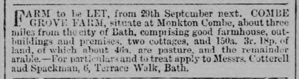 Combe Grove farm to let - Bath Chronicle and Weekly Gazette - Thursday 29 August 1878