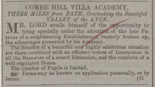 Combe Hill Villa Academy - Bath Chronicle and Weekly Gazette - Thursday 26 February 1852