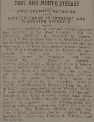 Foot and mouth outbreak in 1915 - Bath Chronicle and Weekly Gazette - Saturday 30 October 1915