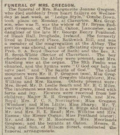 Funeral of Mrs Marguerite Jeanne (née Pentland) Gregson - Bath Chronicle and Weekly Gazette - Saturday 15 March 1919