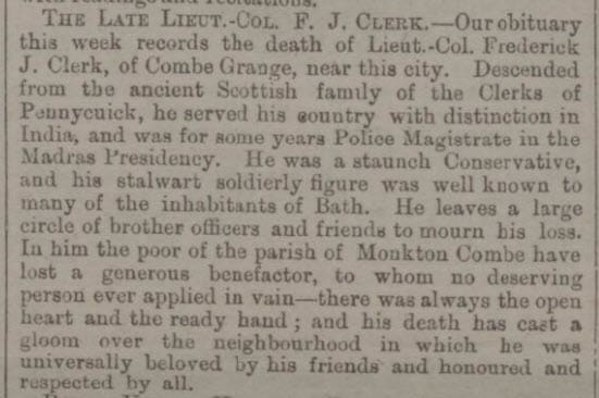 Lt Col Clerk, Combe Grange - Bath Chronicle and Weekly Gazette - Thursday 25 December 1873