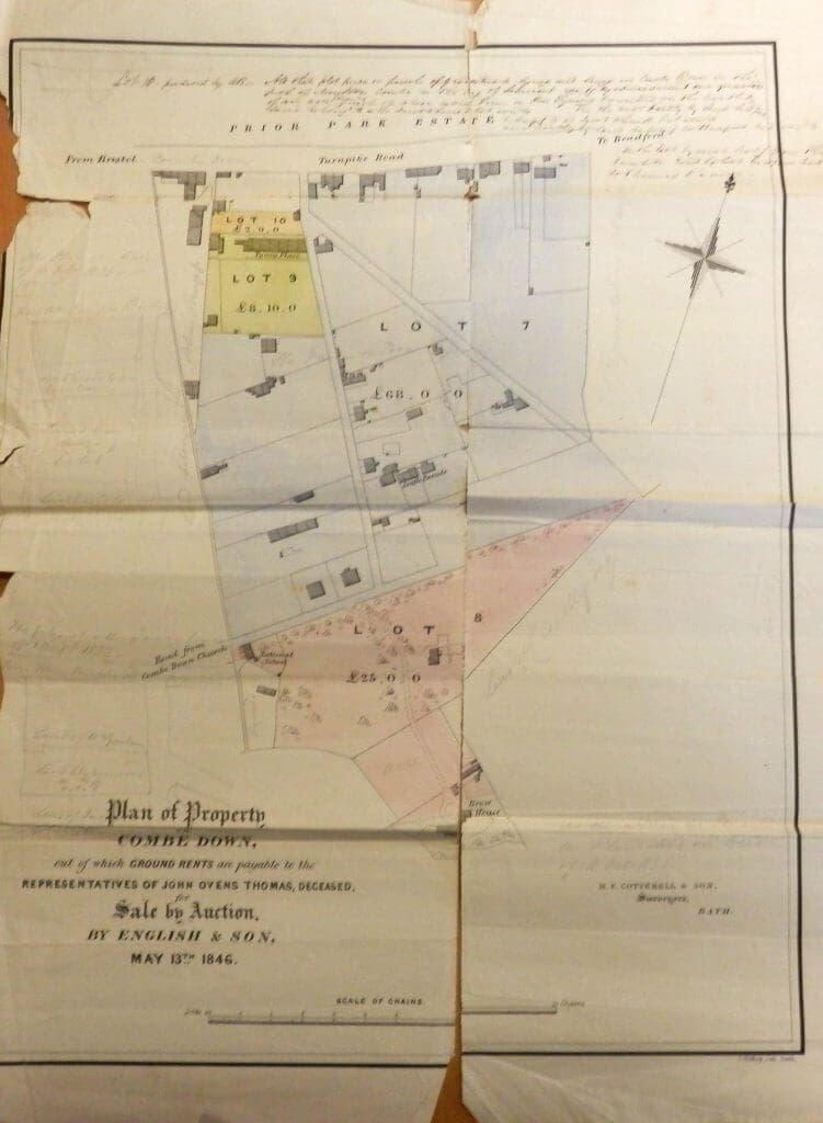 map of combe down plots for sale from estate of john oven thomas in 1846 751x1024